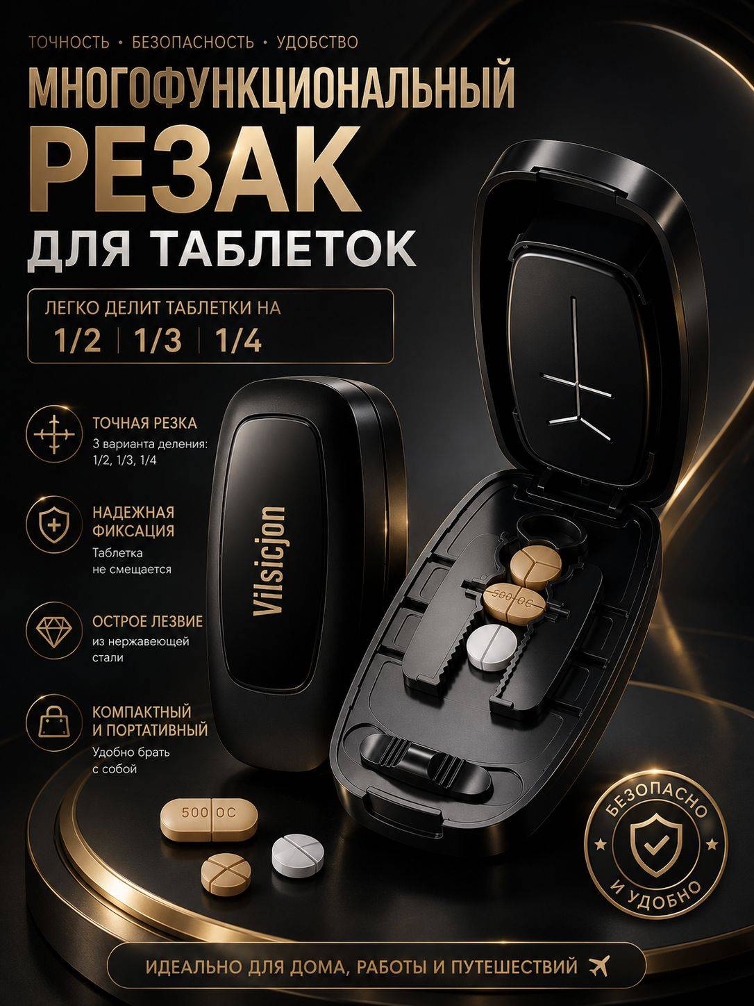 Vilsciion Multifunctional Pill Cutter with Container Tablets