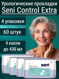 Seni Control Extra female urinary pads, 4 packs of 15 (60 total), 4-drop absorbency up to #1
