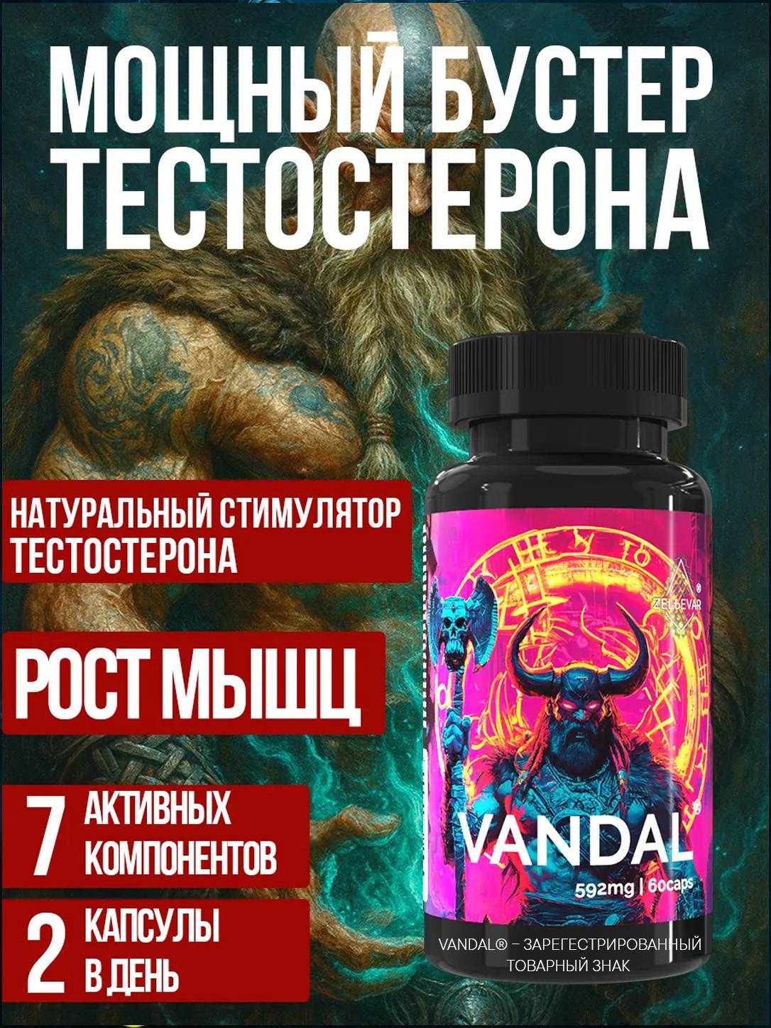 Vandal Testosterone Booster for Men by Zelievar, 60 Capsules 60 Count