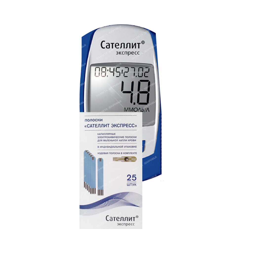Portable blood glucose concentration meter with single-use electrochemical strip PKG-03 "Satellite Express" (with accessories, 25 strips)