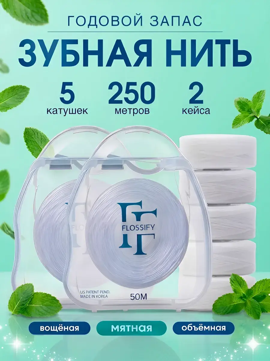 Mint Waxed Thin Dental Floss Set 5 Spools 250 m 5 Count