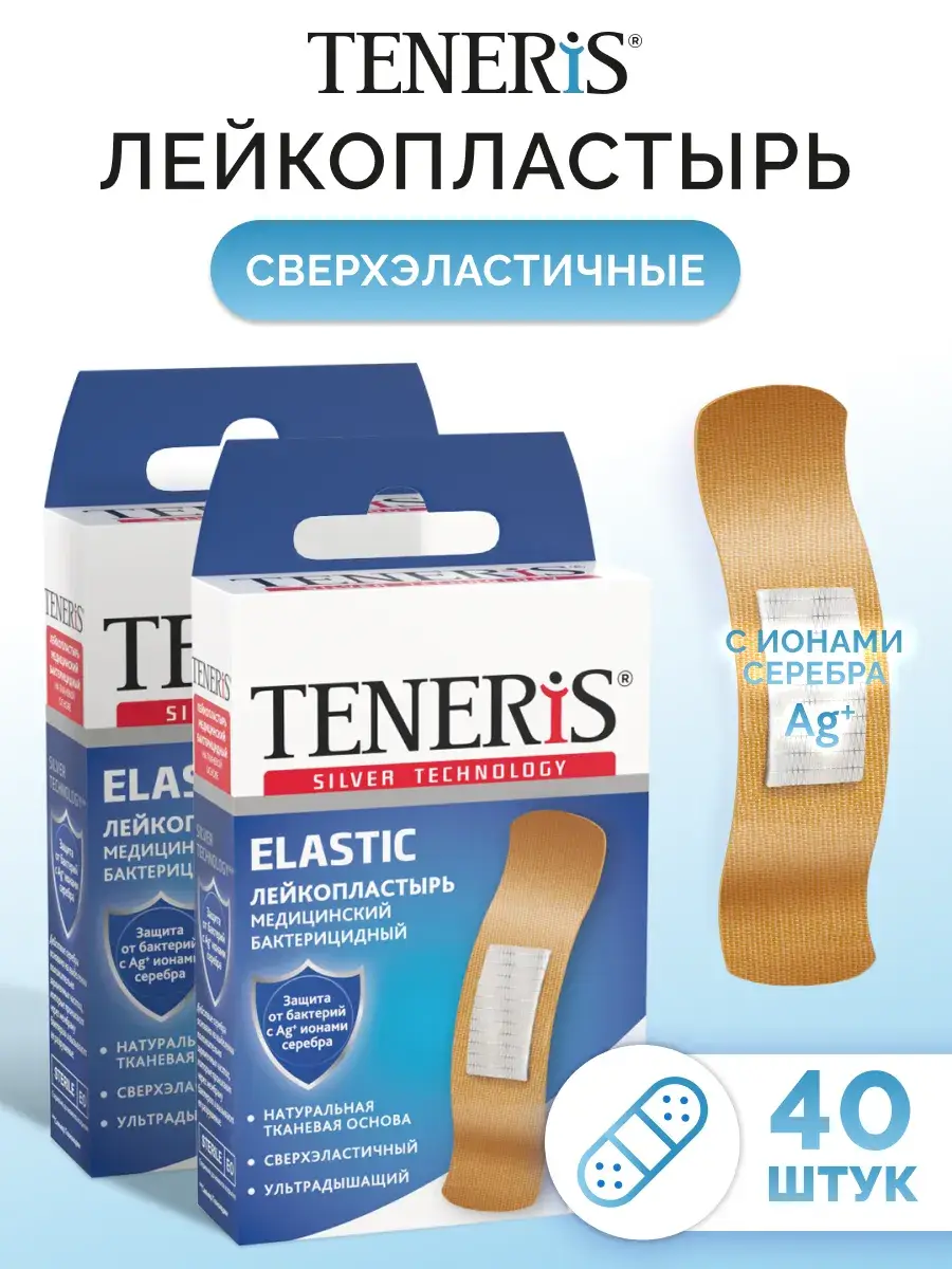 TENERIS Elastic Fabric Adhesive Bandages with Silver Ions Patches 40 Count