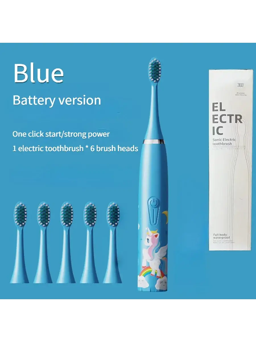 CAMMUO Blue Pony Electric Toothbrush, 6 Brush Heads