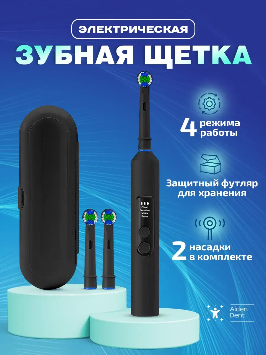 Aiden-Dent Electric Toothbrush with Case, Charcoal Black, 2 Heads
