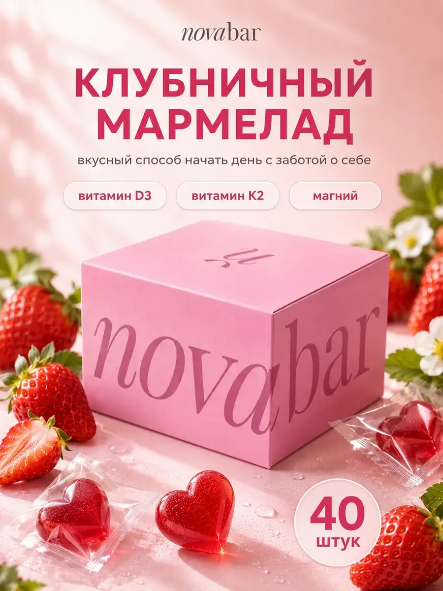 Novabar Strawberry Jelly with D3, K2, and Magnesium, 40 pcs