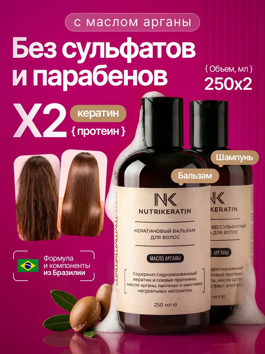 NUTRIKERATIN Sulfate-Free Shampoo and Keratin Conditioner Set, 2 × 250 ml