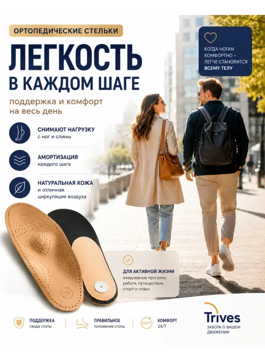 Trives Orthopedic Leather Insoles, Unisex, 1 Pair
