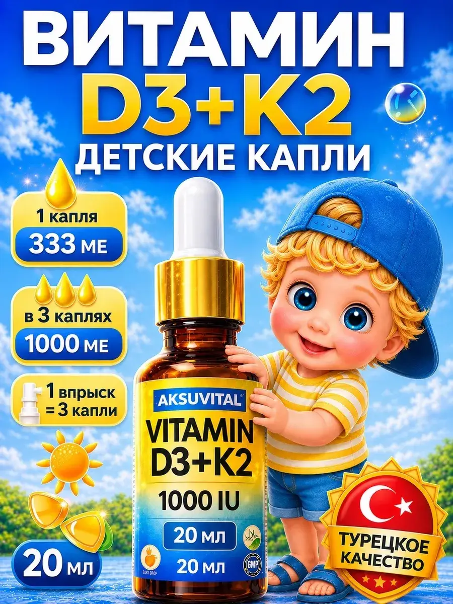 Aksu Vital Vitamin D3 K2 1000 IU Drops for Kids
