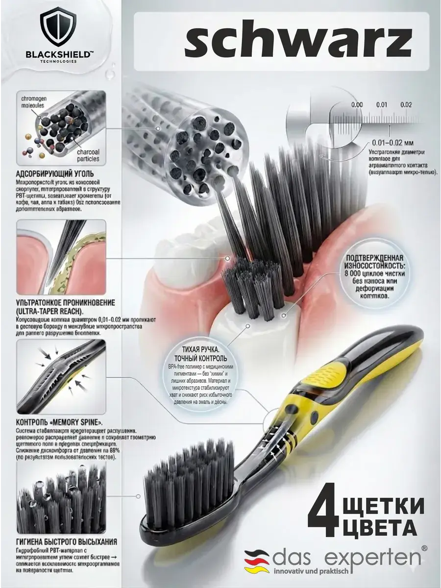 DAS EXPERTEN Schwarz Charcoal Soft Toothbrush, 4-Pack