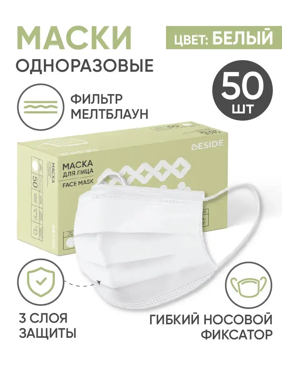 BESIDE White Disposable 3-Layer Masks, 50 Pack Mask 50 Count