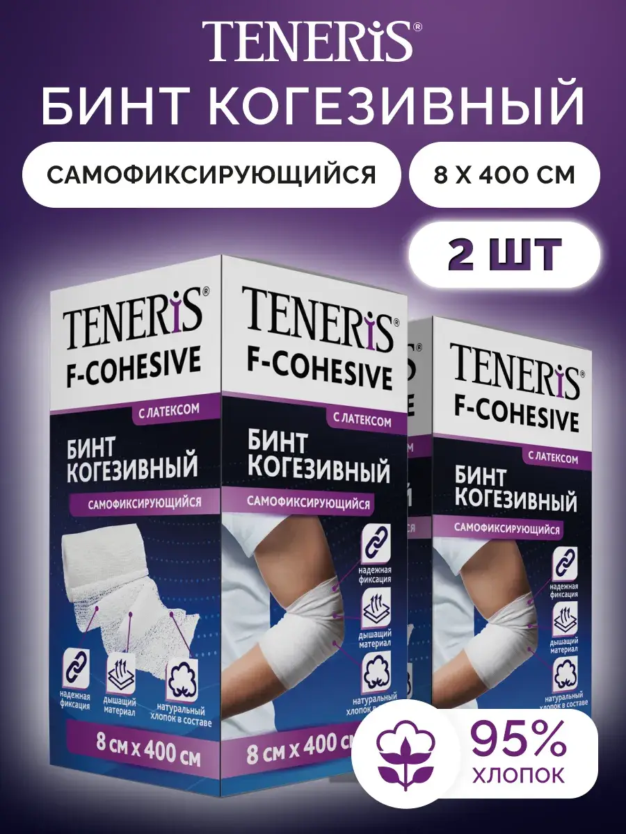 Teneris Cohesive Self-Fixing Bandage 8cm x 4m, 2 Pack
