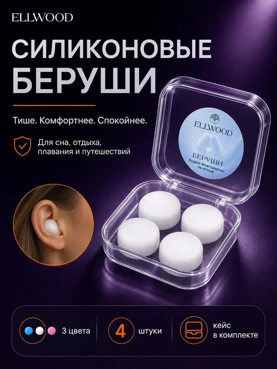 ELLWOOD Reusable Silicone Earplugs for Swimming and Sleep, 2 Pairs