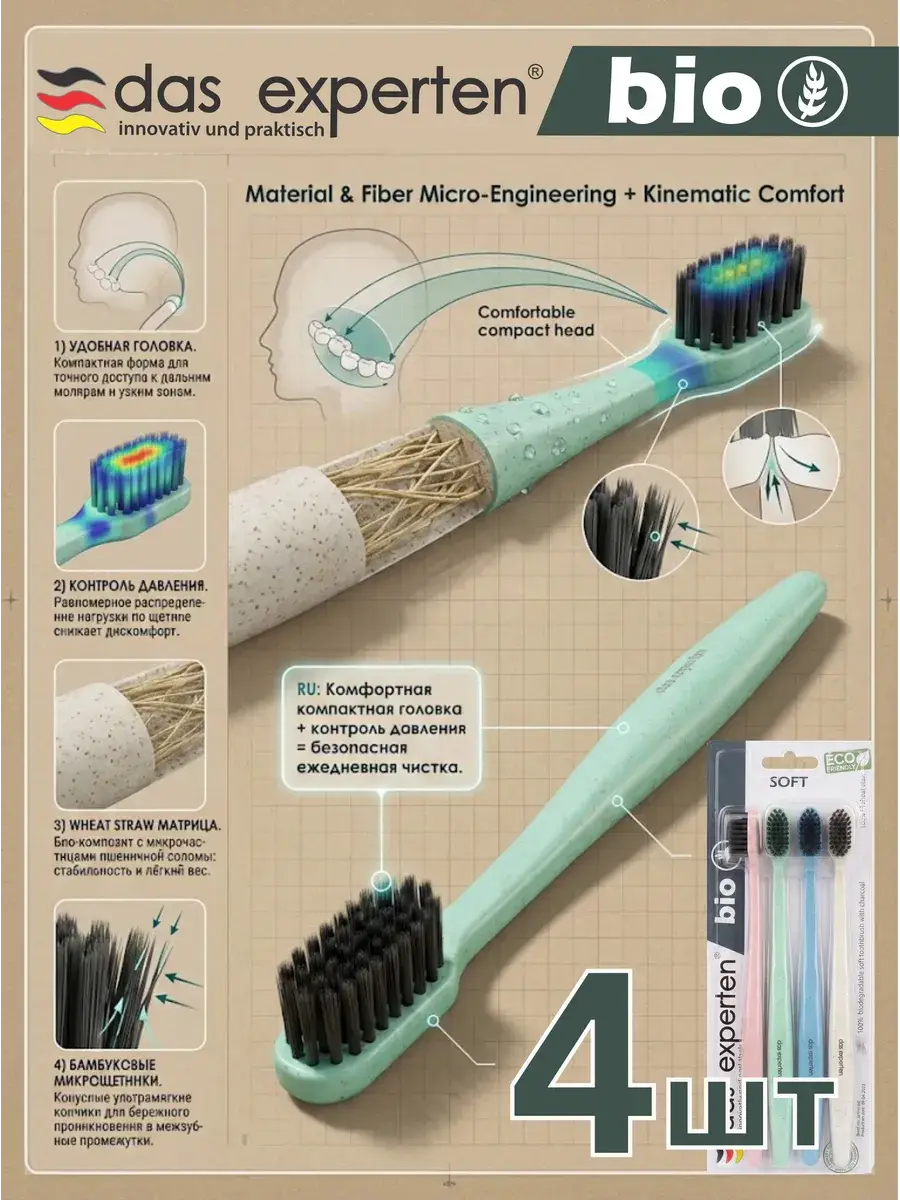 DAS EXPERTEN BIO Soft Toothbrush Set, 4 Pack