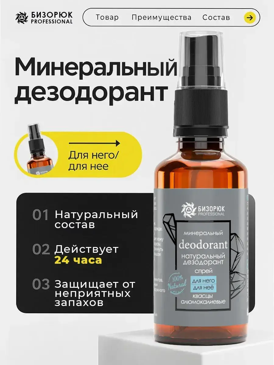 BIZORYUK Mineral Deodorant Spray for Women and Men, 50 ml