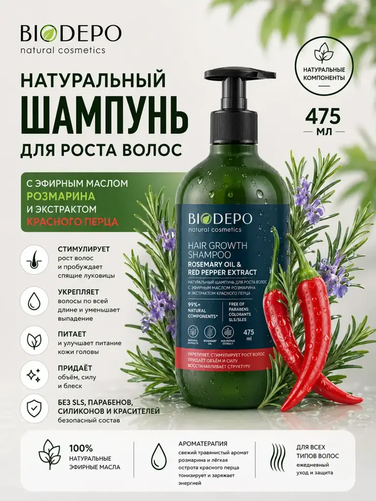 BIODEPO Natural Hair Shampoo with Red Pepper Extract and Rosemary Oil, 475 ml #1