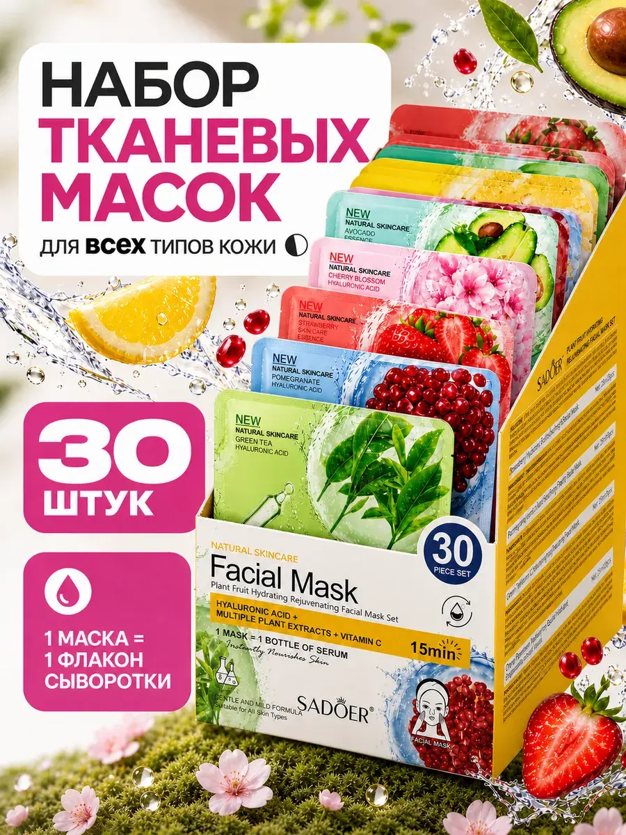 SADOER Moisturizing Sheet Face Mask Set 30 pcs