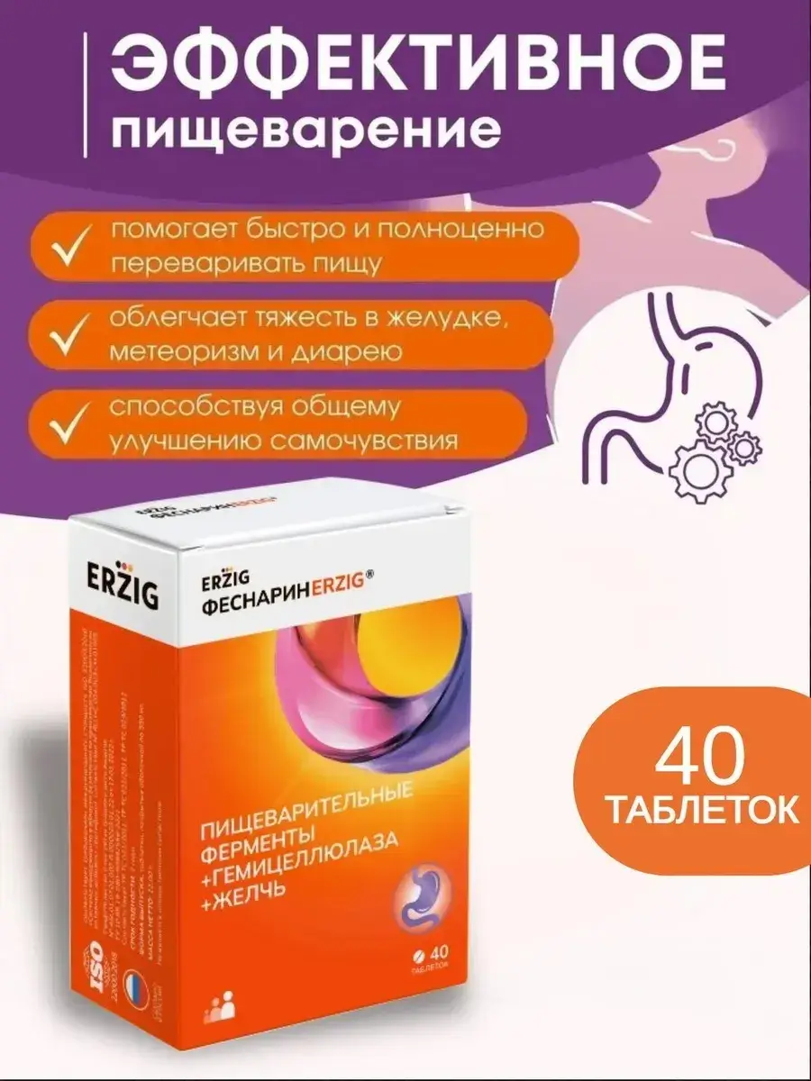 Erzig Fesnarin Digestive Enzymes with Hemicellulase and Bile 40 Tablets 40 Count
