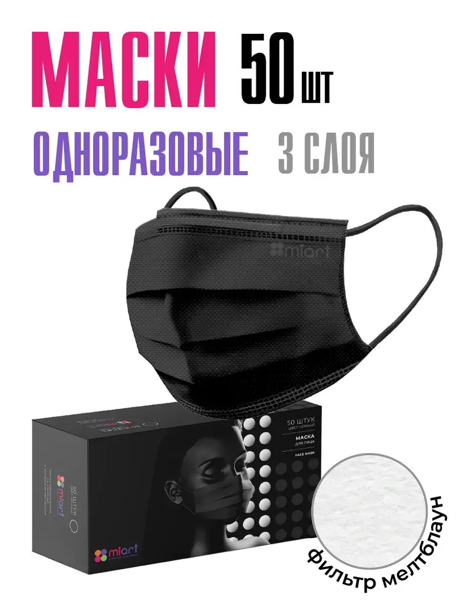 MIART 3-Layer Disposable Face Mask, Charcoal Black, 50 Pack 50 Count