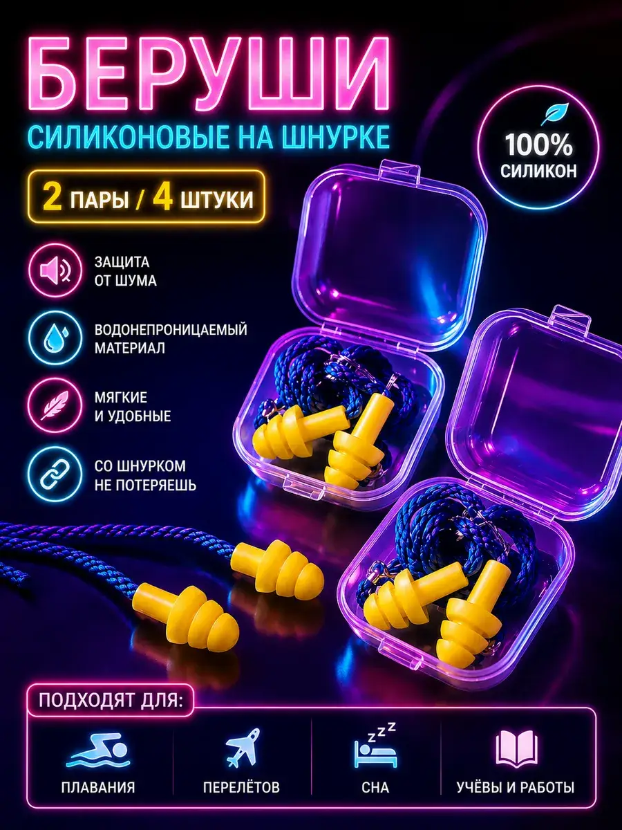 Reusable Silicone Earplugs for Sleep and Swimming, 2 Pairs