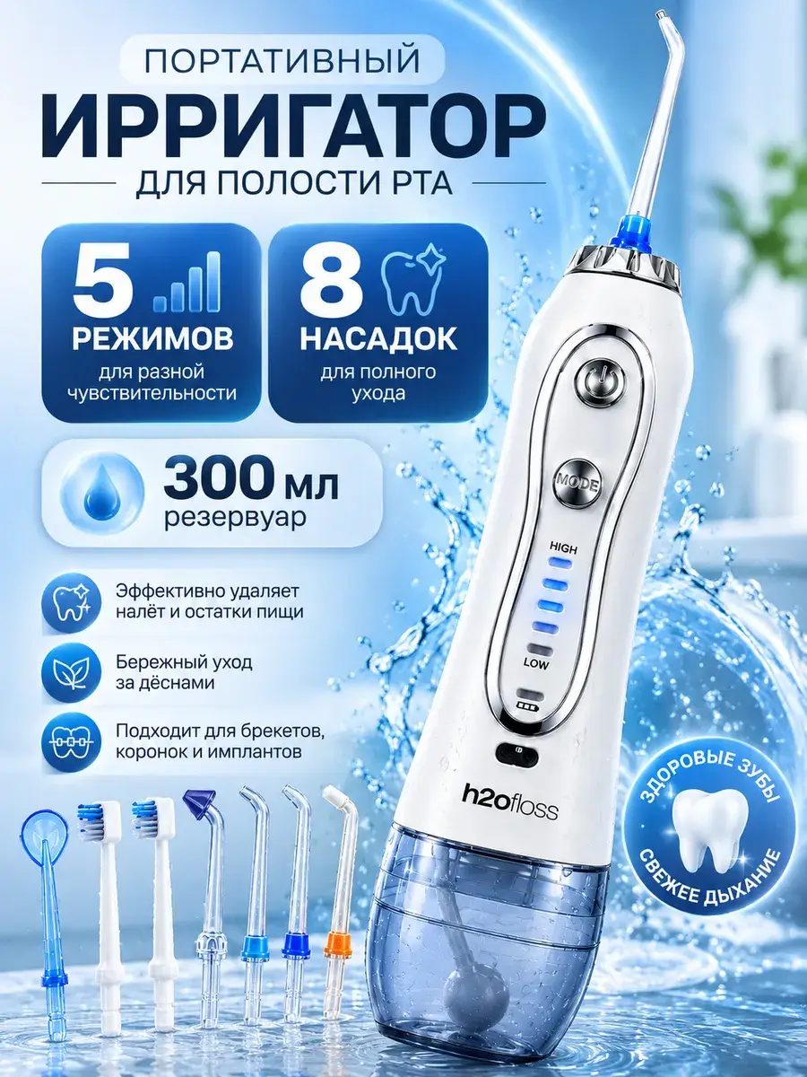 Portable Water Flosser with 5 Modes and 8 Nozzles