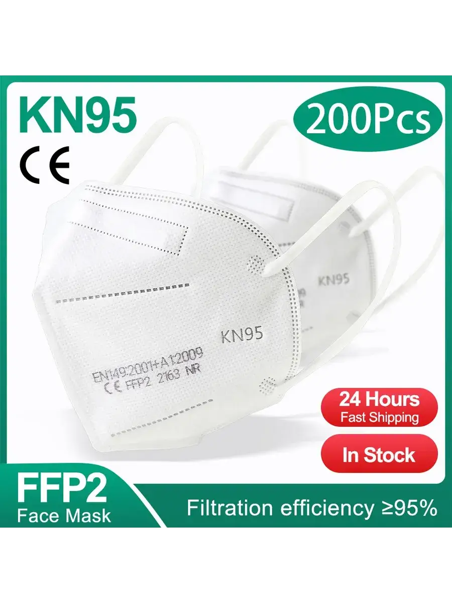 FFZDLL KN95 FFP2 Protective Face Masks White 200 Pack Mask 200 Count