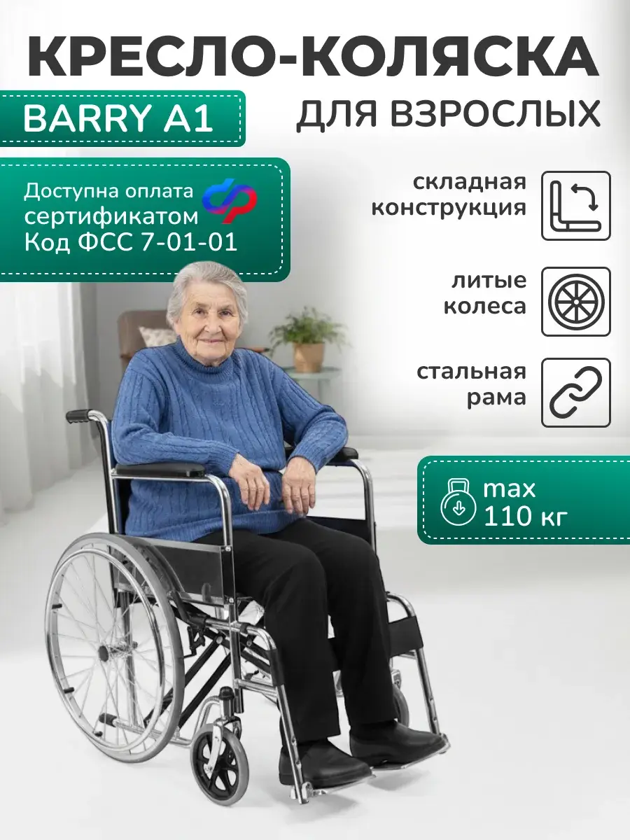 Barry A1 Folding Wheelchair for Adults, Black/Silver, 1 Unit