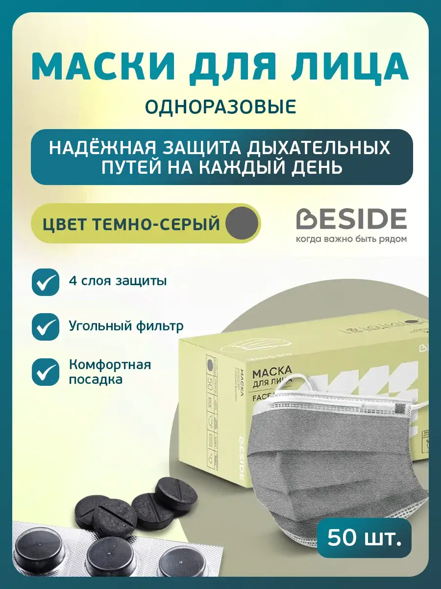 BESIDE Grey Disposable Face Masks with Carbon Filter, 50 Pack Mask