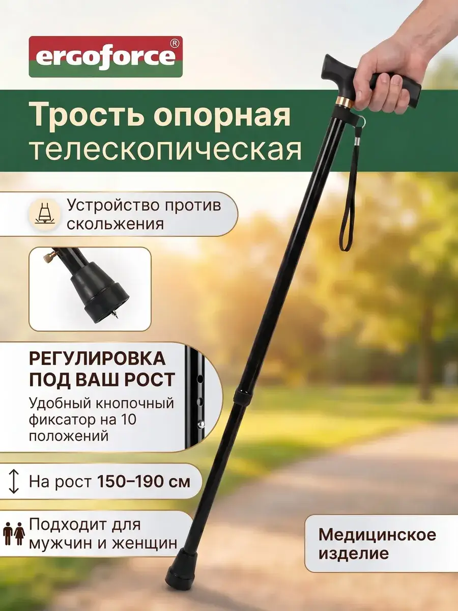 Ergoforce Adjustable Aluminum Walking Cane with Anti-Slip Tip, Charcoal Black