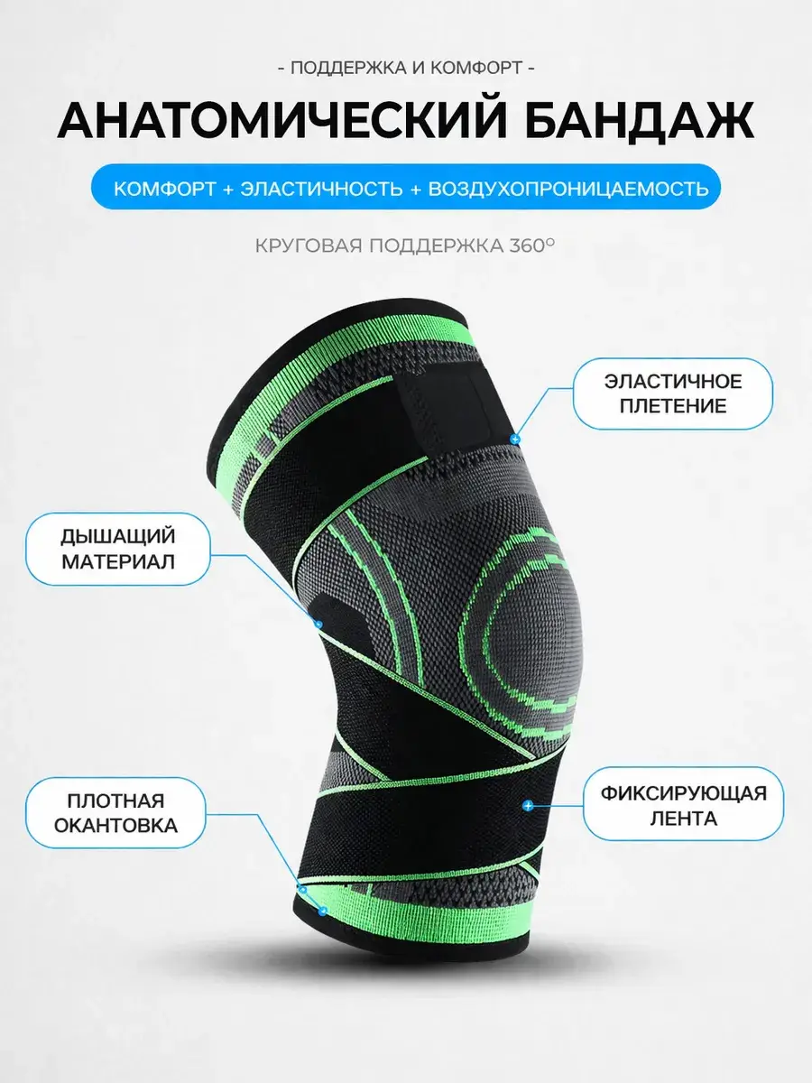 Sport Power Knee Brace, Elastic Support Bandage, Green/Grey