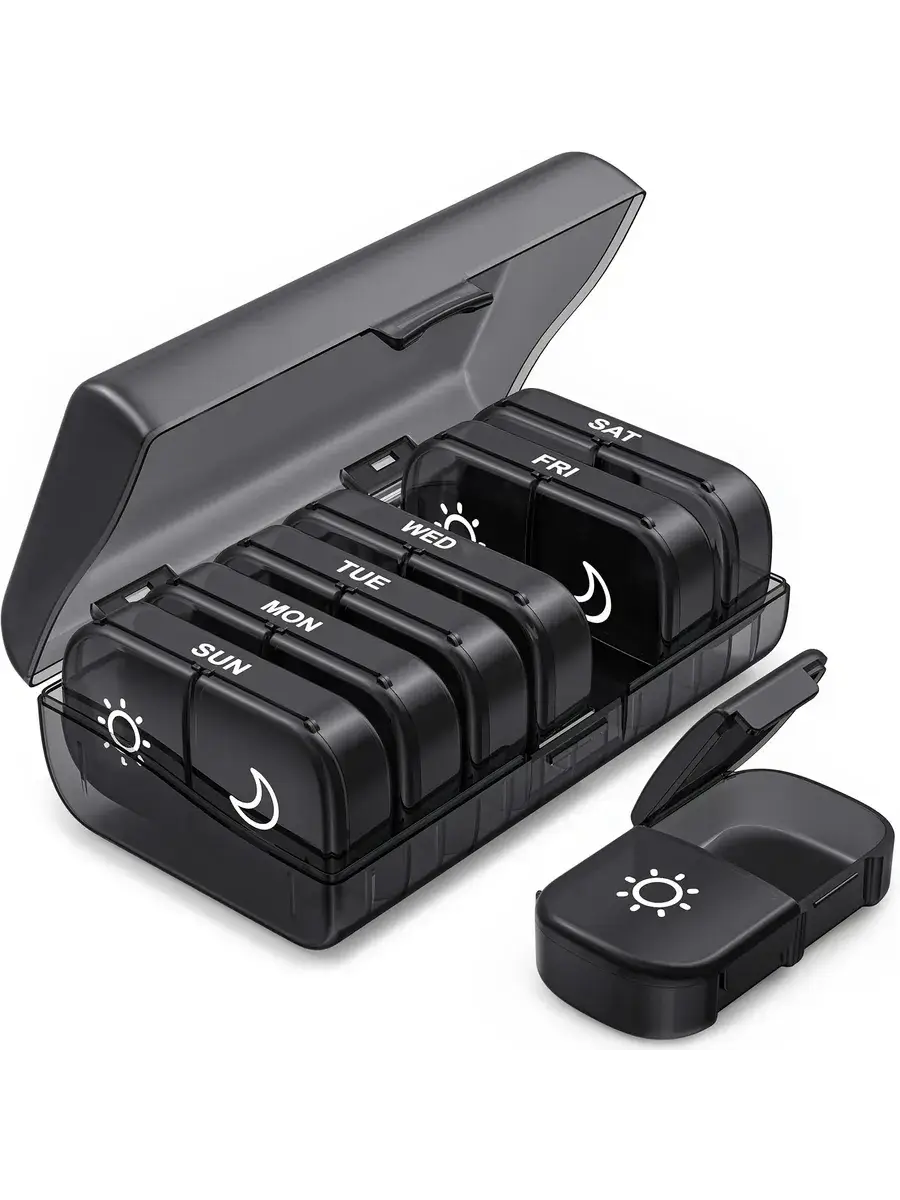 NNNB Daily AM/PM Pill Organizer, Black Tablets