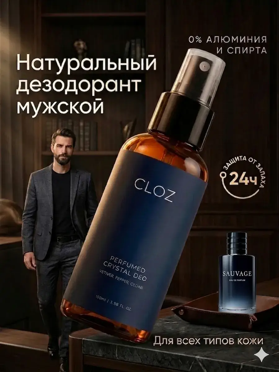 CLOZ Men's Crystal Deodorant Spray Pepper, Vetiver & Cedar 100 ml