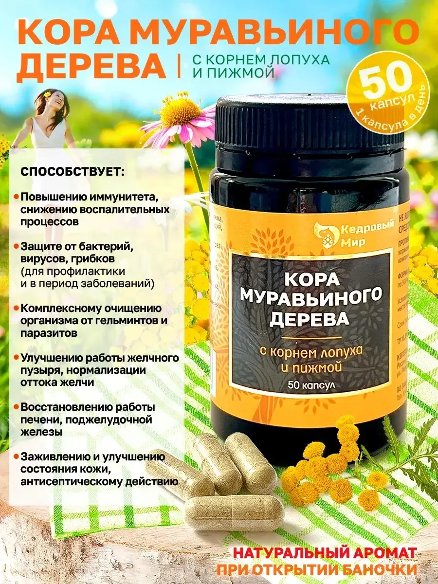 Ant Tree Bark Capsules with Burdock Root and Feverfew, 50 Capsules