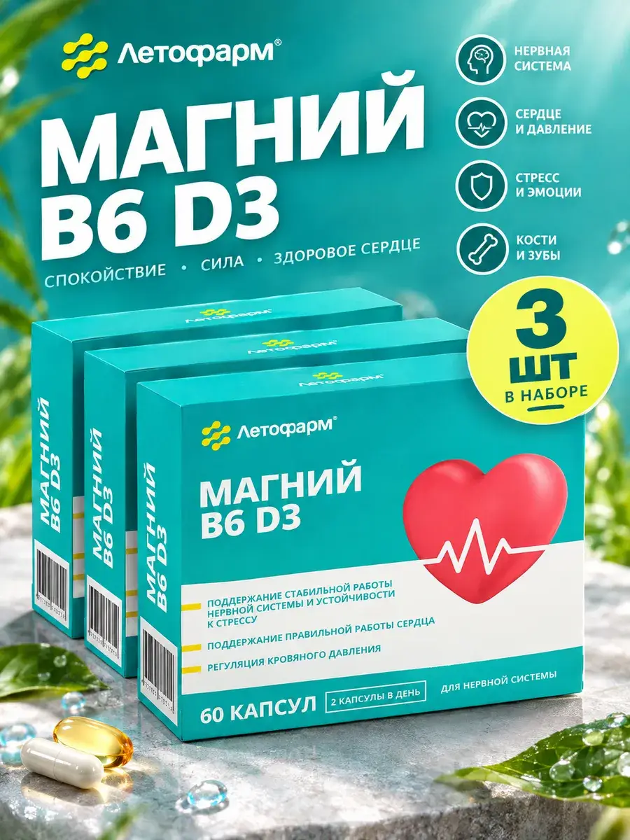 Letofarm Magnesium B6 D3 Capsules 3 Pack 3 Count, 60 Count