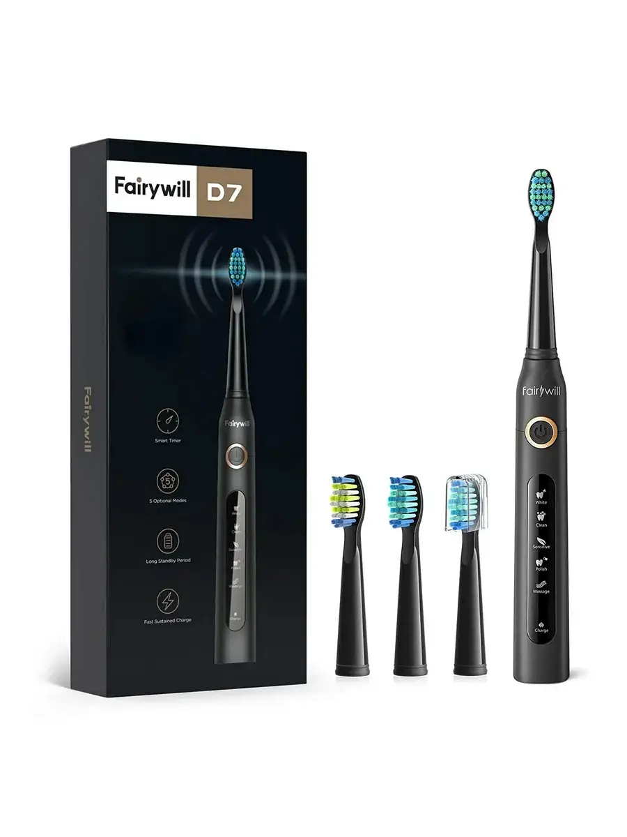Fairywill D7 Electric Toothbrush, Black, 4 Brush Heads
