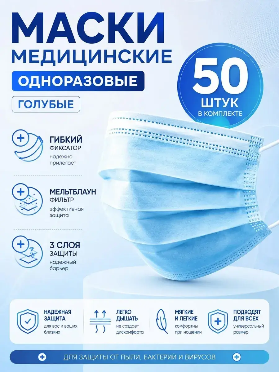 Medservice Plus 3-Layer Disposable Face Mask 50 Count