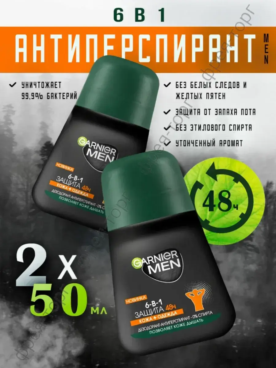 Garnier Men 6-in-1 Protection Roll-On Deodorant 48h, Pack of 2 50 ml, 2 Count