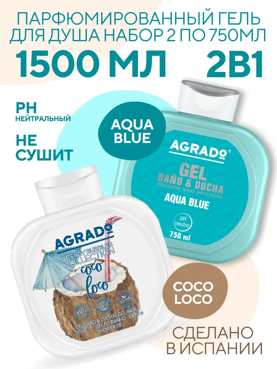 Agrado Aqua Blue and Coco Loco Bath and Shower Gel Set, 2 × 750 ml
