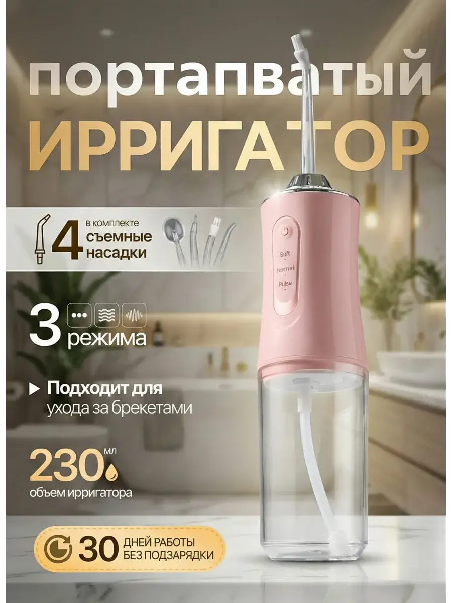 RUOMI Portable Water Flosser with 4 Nozzles, 230ml Reservoir