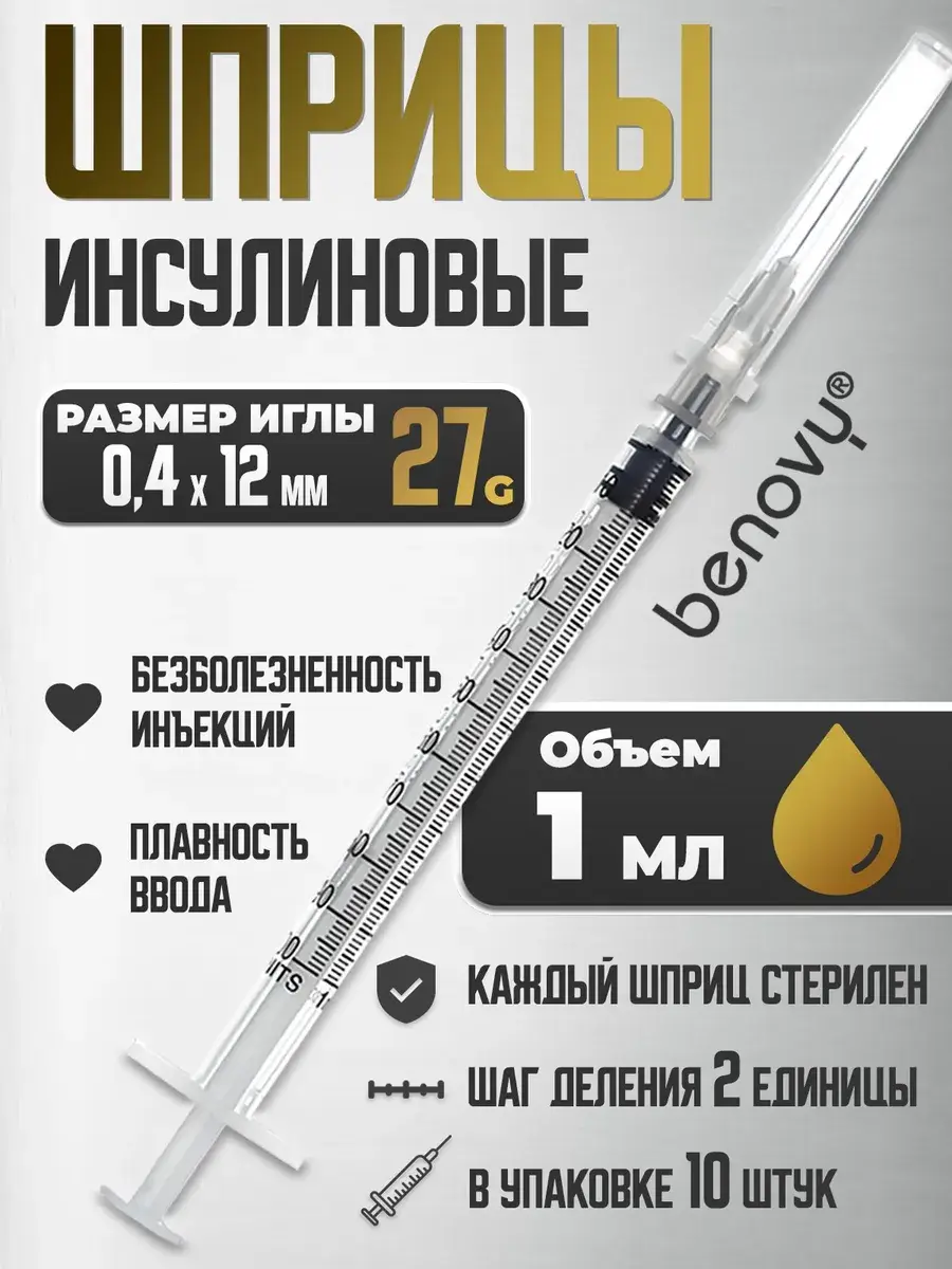 Benovy Insulin Syringe with Removable Needle 10 Pack 1 ml, 10 Count