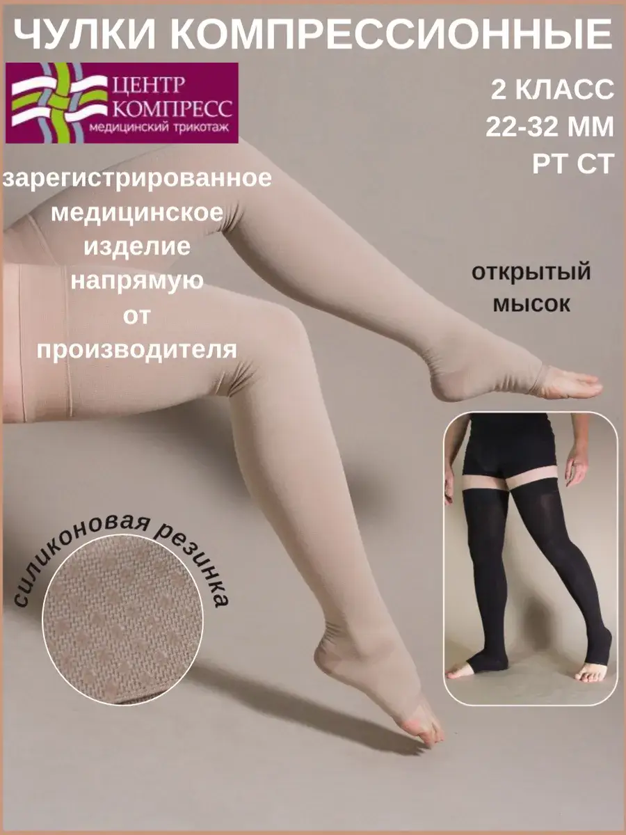 Center Compress Class 2 Thigh-High Compression Stockings with Open Toe and Silicone