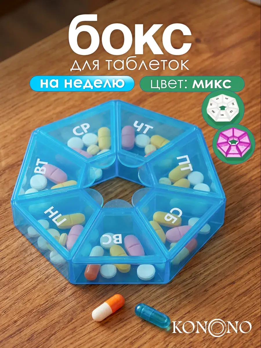 VETTA 7-Day Pill Organizer Container, ABS Plastic, Blue/Pink Tablets