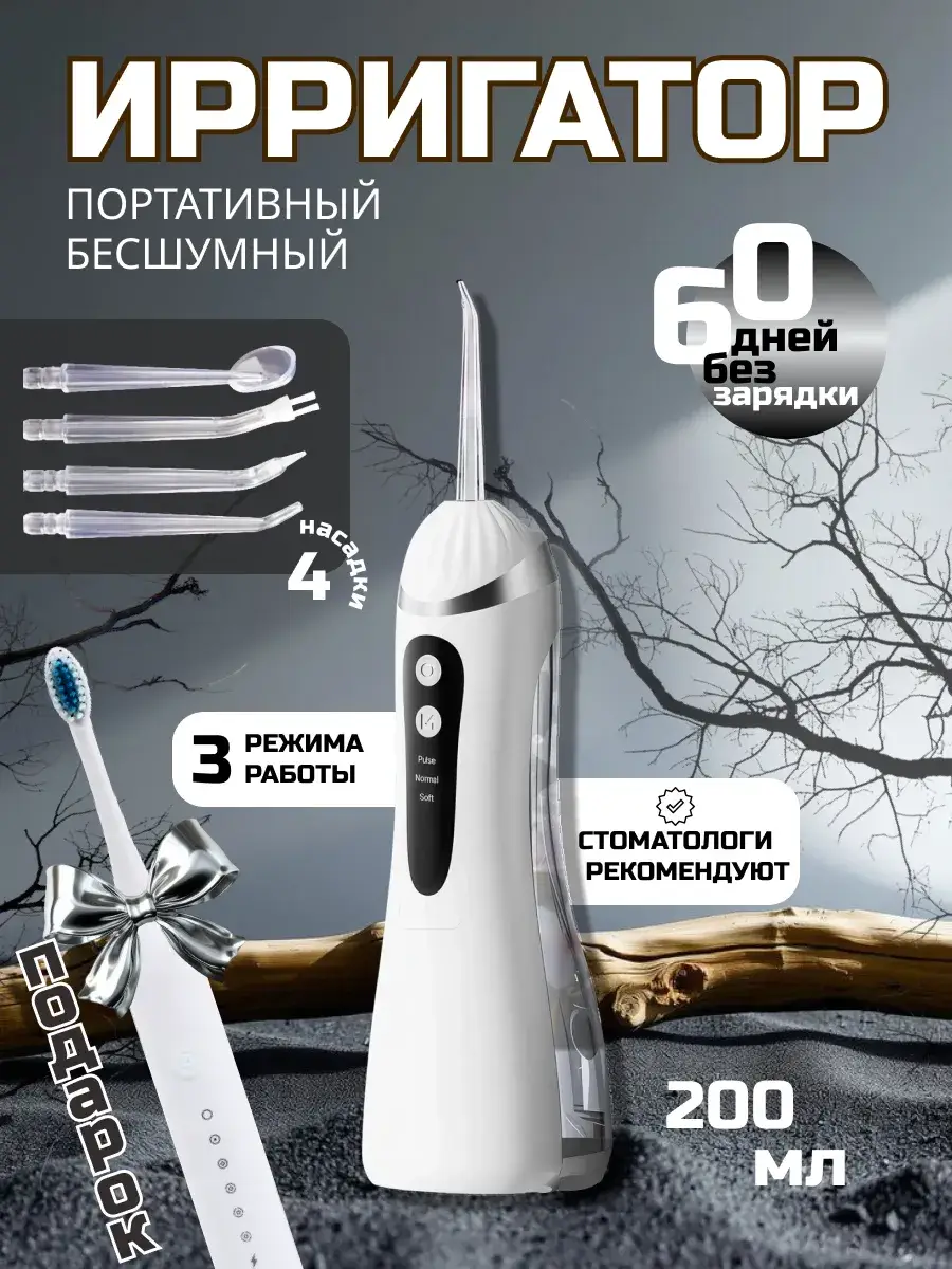 Portable Oral Irrigator, 200 ml Reservoir, 4 Tips