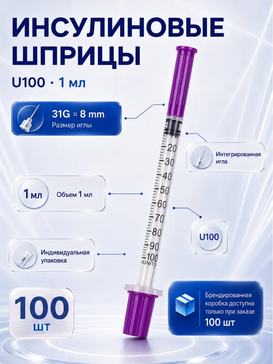 Mesoigli U100 Insulin Syringe 100 Pack 1 ml, 31 g