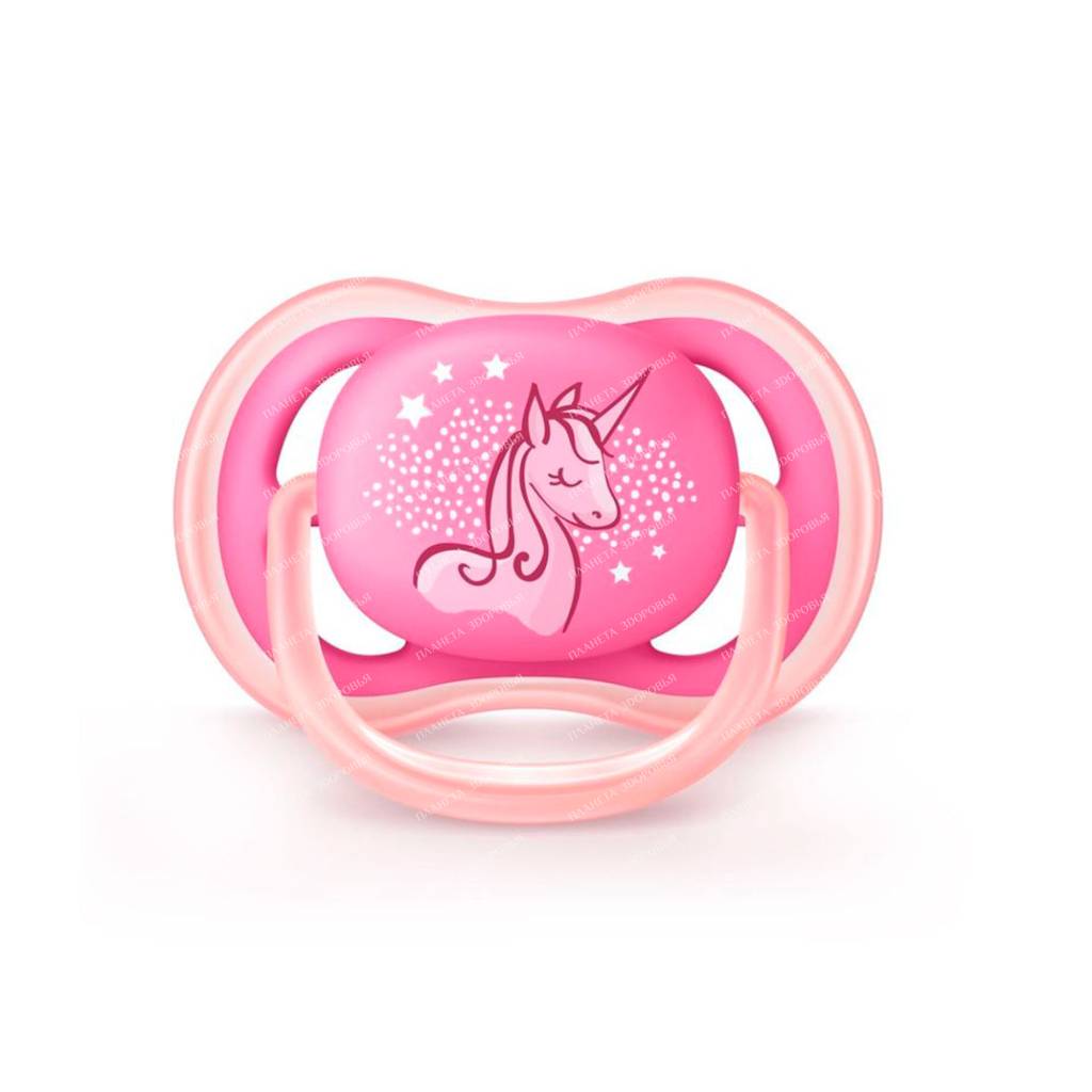 AVENT Orthodontic silicone pacifier with a shield-muzzle and a half-ra holder ring (Ultra Air decor, 6-18 months (pack of 1), for a girl), SCF546/12