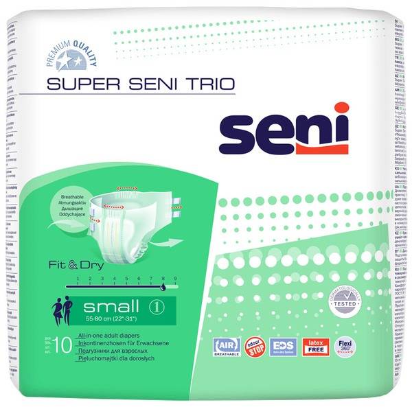 Super Seni Trio Small Adult Diapers (10 Count, Waist 55-80cm)