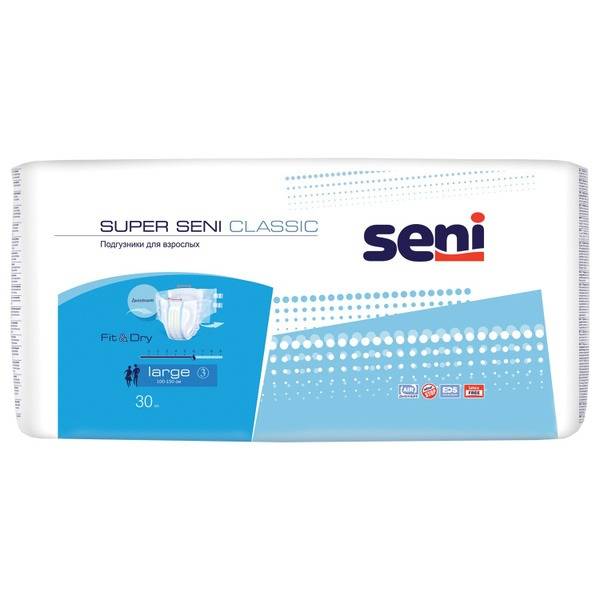 Super Seni Classic Adult Diapers (Large, 100-150cm Waist), 30 Count