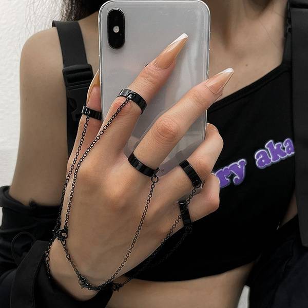 Set of 5 Black Rings with Chains, Adjustable Size