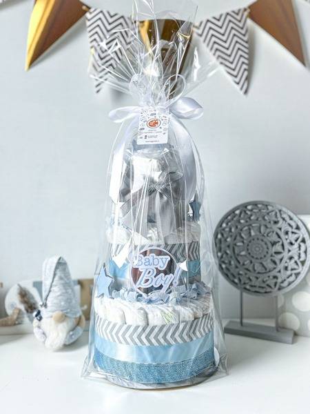 Gray & Blue Diaper Cake for Baby Boy