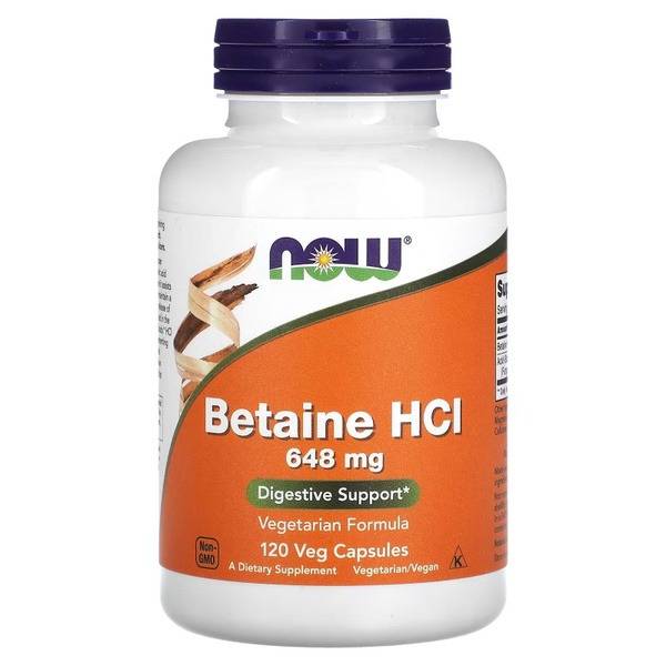NOW Betaine HCL 648 mg 120 Vegetarian Capsules