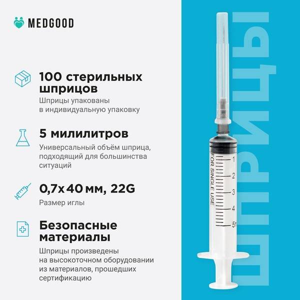 MEDGOOD Sterile Medical Injection Syringe 5 ml, 0.7 x 40 mm Needle, Individual Packaging, 100 pcs